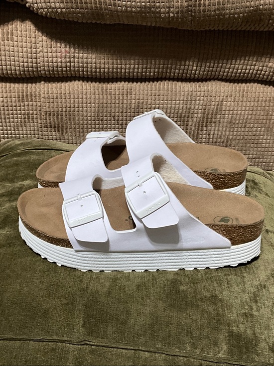 Papillio Shoes - Papillio White Double-Buckle Platform Slide Sandals